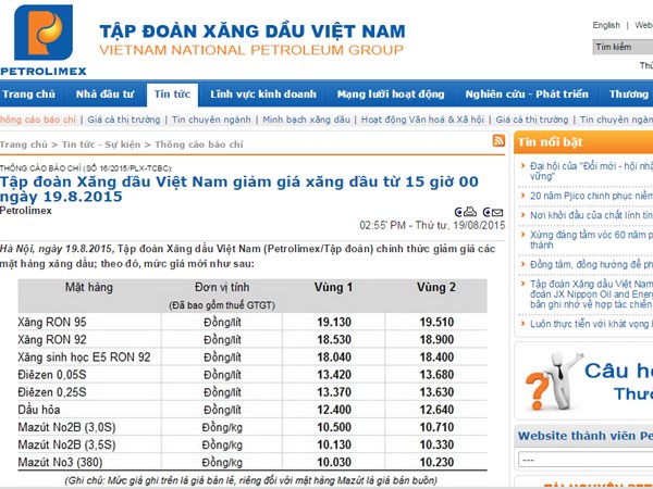 Bảng giá xăng dầu của Petrolimex từ 15 giờ ngày 19/8 (Nguồn: Petrolimex.com.vn)