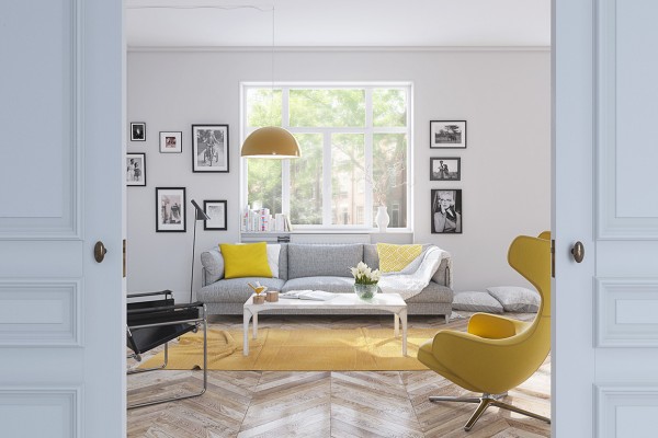 The second apartment uses much paler shades to a very soothing and almost retro effect. The buttercup yellow area rug in the living room plays with the yellow patterned throw pillow, but they dont actually match. The result is a warm and cozy feeling thats just mismatched enough.
