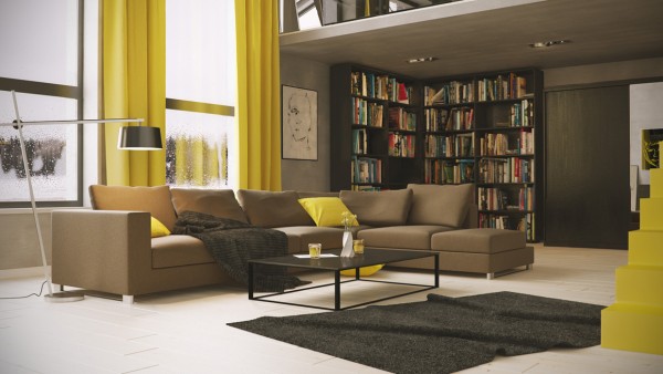 The first home is a sleek and simple apartment that keeps its lines smooth and its overall color story neutral. However, woven throughout the cool beige and natural wood elements is the idea of yellow. Subtler elements include a splash of throw pillow and a few buds in a vase, while bolder choices are the long, heavy curtains and even the staircase to the upper level.
