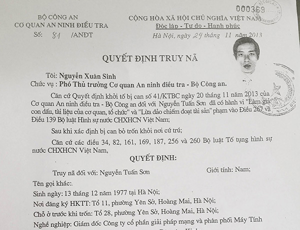 Lệnh truy nã đối với Nguyễn Tuấn Sơn.