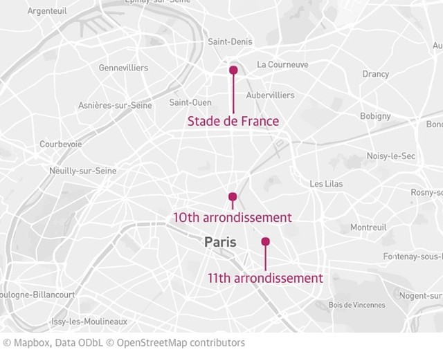 3 địa điểm xảy ra các vụ nổ và xả súng tại Paris tối 13/11.