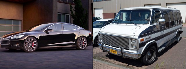 Cặp đôi siêu xe của Luckey - Chiếc Model S sang chảnh bên cạnh chiếc xe van GMC cổ lỗ sĩ.