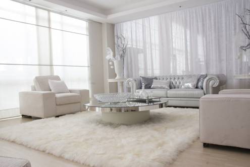 Góc phòng khách nhỏ nhắn như mở rộng hơn nhờ có sự kết hợp màu sắc giữa bộ ghế sofa và tấm thảm lông trắng trải sàn này.
