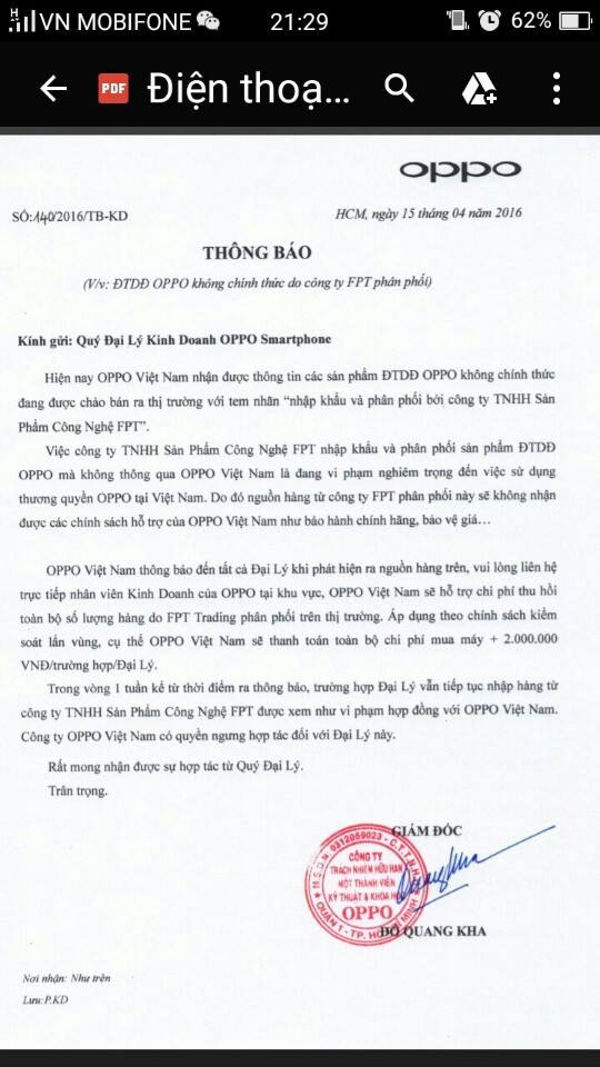 Thông báo của Oppo Việt Nam gửi đại lý hôm 15/4 - Ảnh chụp màn hình điện thoại