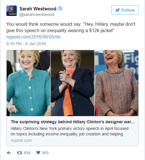 
Người dùng Twitter nhận định bà Clinton không nên nói về bất bình đẳng trong khi đang mặc chiếc áo trị giá 12.000 USD. Ảnh: Twitter NV
