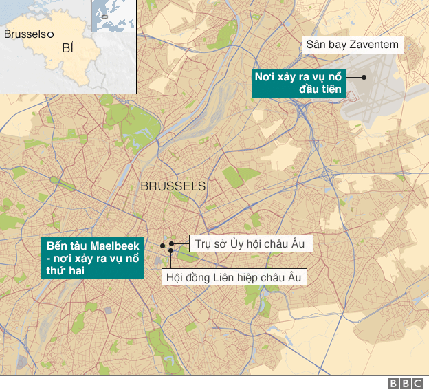 Bản đồ nơi xảy ra các vụ nổ ở Brussels. Nguồn BBC
