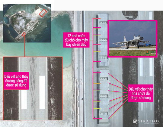 Ảnh lớn: Đường băng và nhà chứa máy bay trên đảo Phú Lâm Ảnh: STRATFOR Ảnh nhỏ: Máy bay chiến đấu Shenyang J-11 Ảnh: NEWS.COM.AU