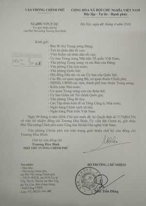 
Văn bản giới thiệu chữ ký của Phó Thủ tướng Chính phủ Trương Hòa Bình
