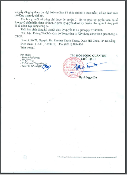 
Thông báo triệu tập họp ĐHCĐ bất thường vào 28/04 được Chủ tịch Bạch Ngọc Du ký vào ngày 19/04/2016
