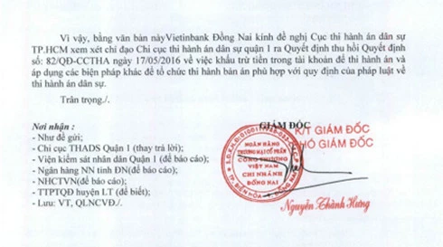 
Công văn Ngân hàng VietinBank chi nhánh Đồng Nai gửi Cục Thi hành án dân sự TP HCM
