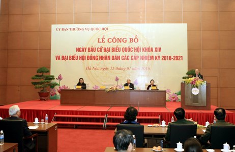 
Lễ công bố Ngày bầu cử đại biểu Quốc hội khóa XIV và đại biểu Hội đồng nhân dân các cấp nhiệm kỳ 2016-2020. Ảnh: VGP/Thành Chung
