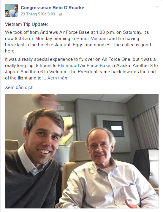 
Nghị sĩ chia sẻ về chuyến bay dài trên chuyên cơ Air Force One. Ảnh từ Fb nhân vật

