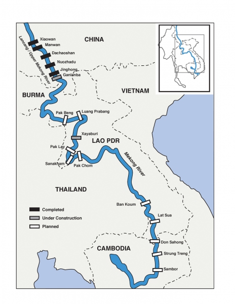 Những con đập trên sông Mekong. Màu đen là đã hoàn thành, xám là đang xây, còn trắng là mới lên kế hoạch.