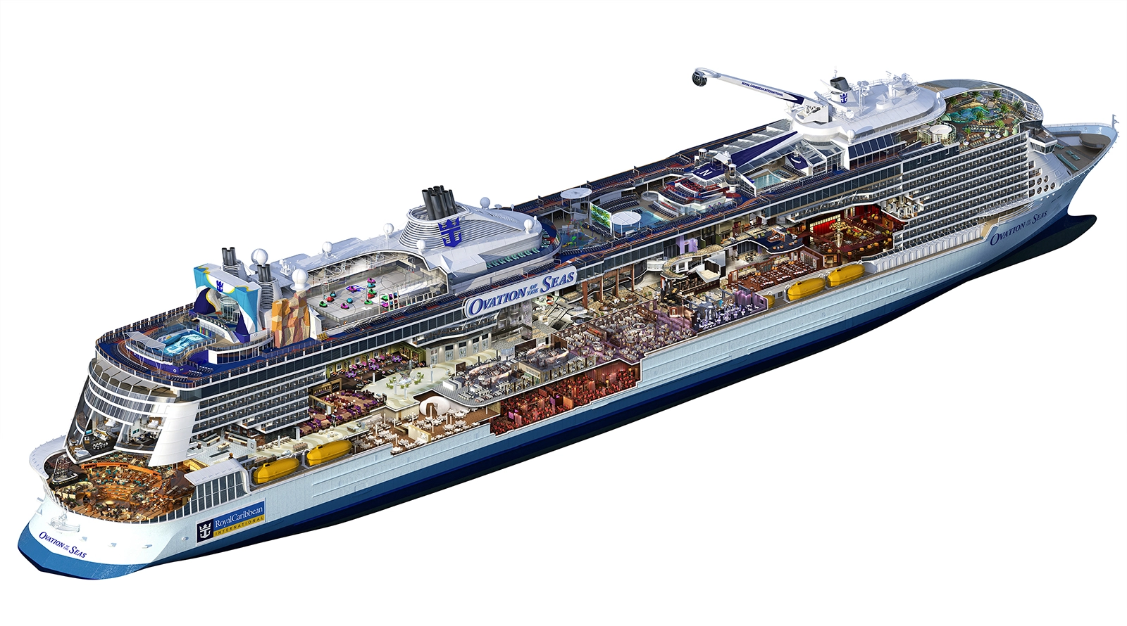 
Ovation of the Seas được đóng ở Đức. Nó dài 350 m, tương đương 3 lần chiều dài của một sân bóng đá tiêu chuẩn. Đây là tàu mới nhất thuộc lớp Quantum của Royal Caribbean. Ngoài tiện nghi sang trọng, tàu còn gây ấn tượng mạnh với hành khách nhờ những công nghệ tiên tiến nhất thế giới.

