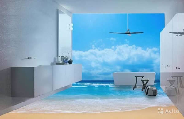 Sàn nhà tắm bỗng chốc hóa thành bãi biển sóng xô bờ cát trắng.