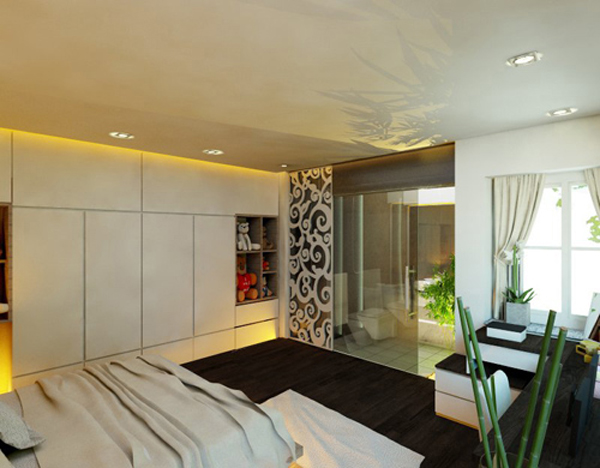 Nhà tắm cùng trong không gian phòng ngủ sử dụng vách kính để lấy ánh sáng tự nhiên vừa giúp không gian mang tính thẩm mỹ cao.