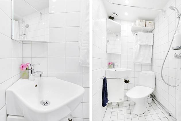 Phòng tắm chỉ với khoảng 3m2 và không vuông vắn nhưng được bài trí khoa học với đầy đủ tiện nghi hiện đại cần thiết.