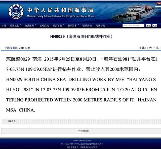 Thông báo của cục an toàn hàng hải Trung Quốc về hoạt động của giàn khoan Hải Dương 981