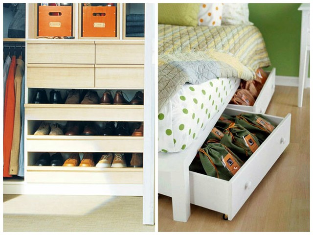 Gầm giường nhà bạn cũng sẽ trở nên hữu ích với những ngăn đựng giày dép vô vùng kín đáo.