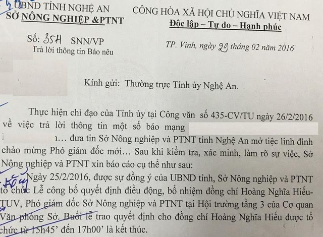 Công văn Sở NN&PTNT tỉnh Nghệ An báo cáo Tỉnh ủy sau buổi liên hoan tưng bừng