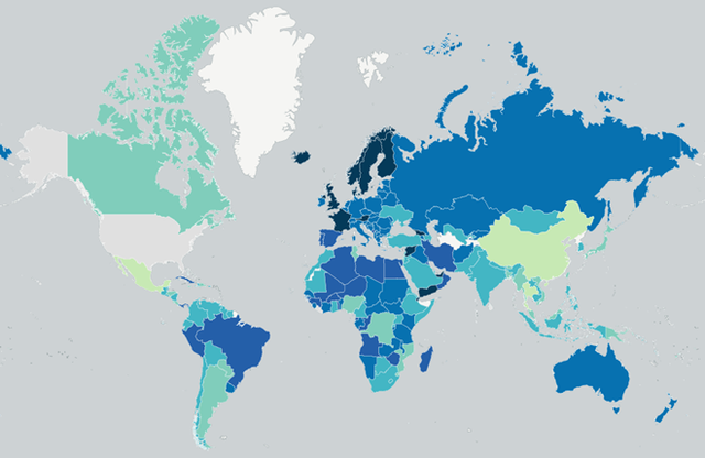 Bản đồ số ngày nghỉ lễ và nghỉ phép tối thiểu của các nước trên thế giới: màu trắng là không có dữ liệu; màu ghi là không có ngày nghỉ lễ; màu xanh nhạt là nghỉ từ 1-10 ngày; màu xanh nước biển đậm là từ 16-22 ngày; màu xanh tím than là từ 23-28 ngày (màu càng đậm số ngày nghỉ càng nhiều). Nguồn: Wikipedia