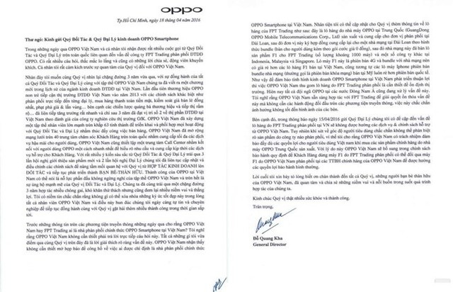 Tâm thư mới nhất của Oppo Việt Nam cho biết sẽ bảo hành cả sản phẩm do FPT phân phối