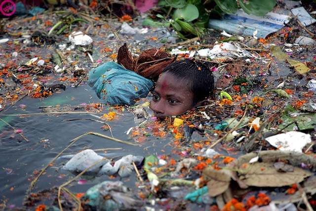 Cậu bé ngụp lặn dưới dòng nước bẩn ở Ấn Độ.