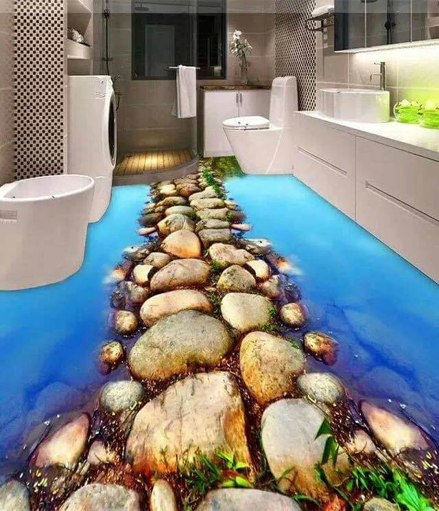 Dòng nước và đường sỏi tạo cho phòng tắm nhà bạn một không gian vô cùng thú vị.