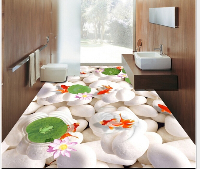 Một phòng tắm thực sự thư giãn với những viên đá trắng muốt cùng những chú cá vàng đang tung tăng bơi lội.
