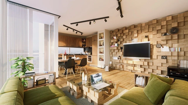 
Khối gỗ sole tạo ra một khung cảnh vui tươi với nhiều không gian cho việc lưu trữ. Bàn cà phê được sử dụng theo cùng một ý tưởng như thế tạo nên sự đồng bộ cho ngôi nhà.
