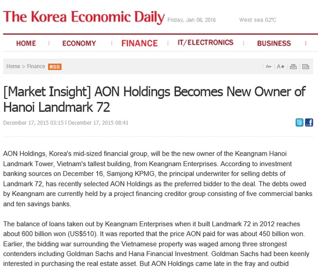 
Thông tin về chủ mới tòa Landmark 72 được đăng trên Thời báo kinh tế Hankyung (Hàn Quốc)

