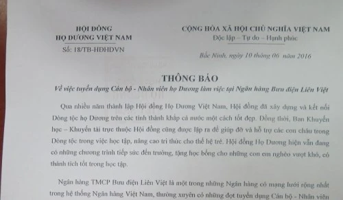 
Thông báo tuyển dụng đăng trên website họ Dương Việt Nam

