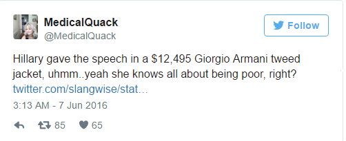 
Một người dùng Twitter khác cũng chỉ trích việc bà Clinton mặc chiếc áo Armani 12.495 USD trong khi nói rất nhiều về nghèo khổ. Ảnh: Twitter NV ​
