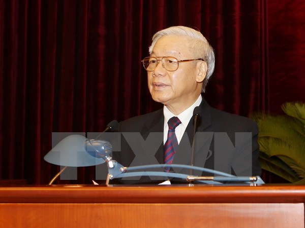 
Tổng Bí thư Nguyễn Phú Trọng phát biểu bế mạc Hội nghị. (Ảnh: Trí Dũng/TTXVN)
