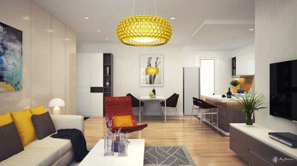 Phòng khách này lấy tông màu chủ đạo là màu trắng kết hợp một số họa tiết đèn chùm và gối tựa lưng màu vàng chanh làm điểm nhấn cho cả căn phòng.