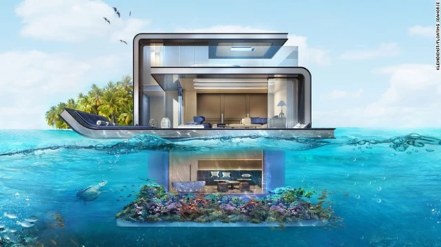 Floating Seahorse, Dubai: Căn biệt thự này được thiết kế theo chủ đề nhà thuyền với 3 tầng. 2 tầng trên nổi hoàn toàn trên mặt nước và 1 tầng chìm hẳn dưới mặt biển. Được mang tới bởi tập đoàn Kleindienst và các chuyên viên thiết kế, căn biệt thự là một phần trong khu resort Heart of Euro trên bờ biển Dubai.