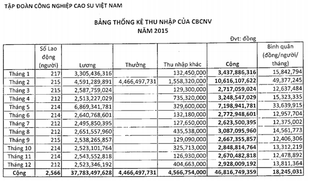 Bảng thống kê thu nhập của CBCNV tập đoàn Công nghiệp cao su Việt Nam năm 2015