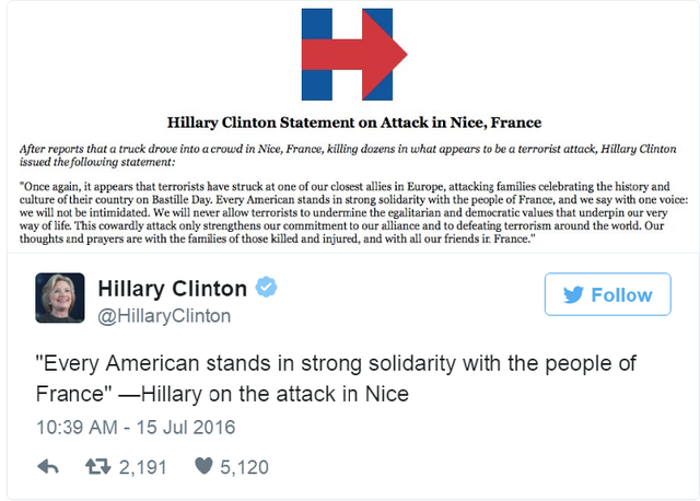 
“Tất cả người dân Mỹ đều đứng cùng phía với người Pháp” – Bà Hillary nói về vụ tấn công tại Nice trên Twitter.
